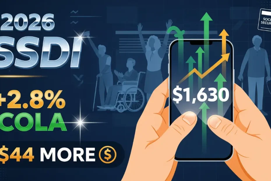 2026 SSDI COLA increase showing $1,630 monthly payment with 2.8% raise for disabled workers and SSI recipients