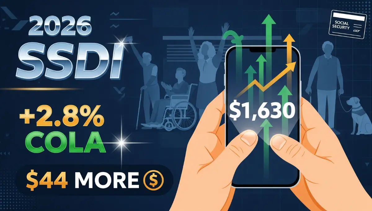 2026 SSDI COLA increase showing $1,630 monthly payment with 2.8% raise for disabled workers and SSI recipients