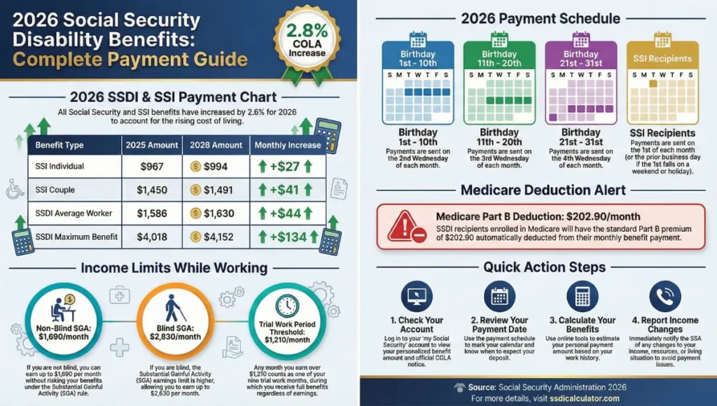 Complete 2026 Social Security Disability infographic showing SSDI and SSI payment amounts, income limits, payment schedule by birth date, Medicare deductions, and eligibility requirements with 2.8% COLA increase