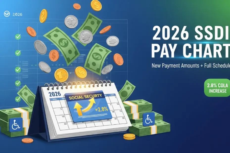 2026 Social Security Disability payment chart showing SSDI and SSI benefit amounts with 2.8% COLA increase and monthly payment schedule