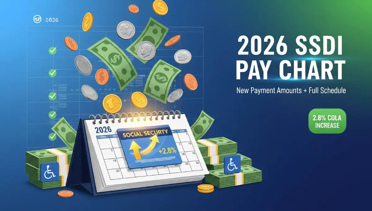 2026 Social Security Disability payment chart showing SSDI and SSI benefit amounts with 2.8% COLA increase and monthly payment schedule