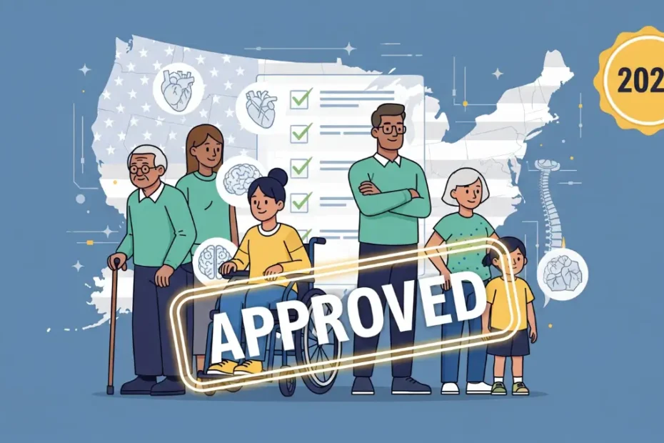 Diverse people approved for disability benefits showing qualifying medical conditions checklist for SSDI and SSI in United States 2026