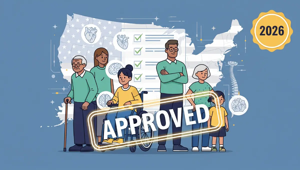 Diverse people approved for disability benefits showing qualifying medical conditions checklist for SSDI and SSI in United States 2026