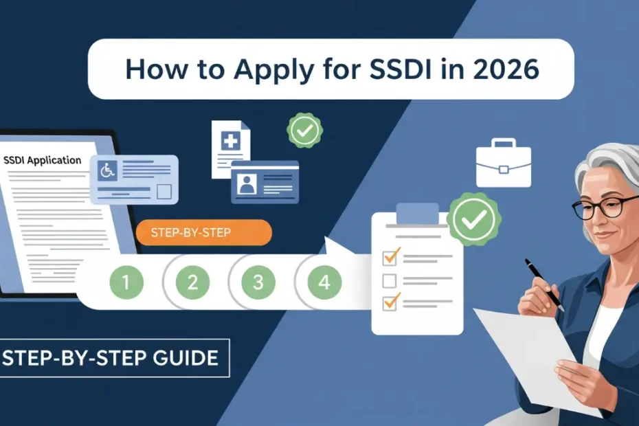 Step by step guide showing how to apply for SSDI in 2026 with application form and checklist