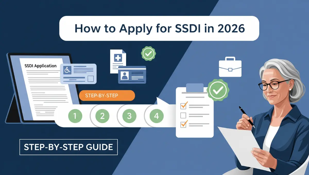 Step by step guide showing how to apply for SSDI in 2026 with application form and checklist