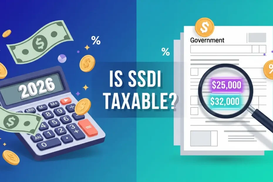Is SSDI taxable in 2026 income thresholds illustration showing calculator, tax forms, and $25,000 and $32,000 federal limits