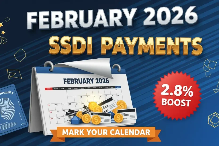SSDI Payment Schedule February 2026 official vector graphic showing Social Security Disability Insurance payment dates, 2.8% COLA increase, and calendar benefits schedule