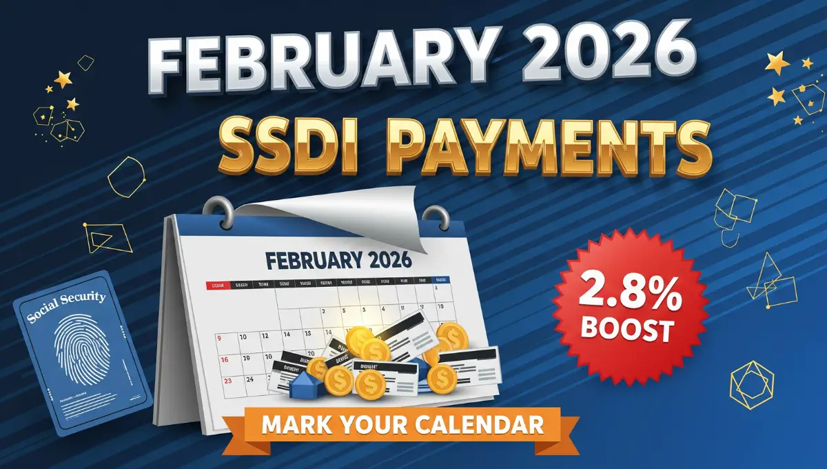 SSDI Payment Schedule February 2026 official vector graphic showing Social Security Disability Insurance payment dates, 2.8% COLA increase, and calendar benefits schedule