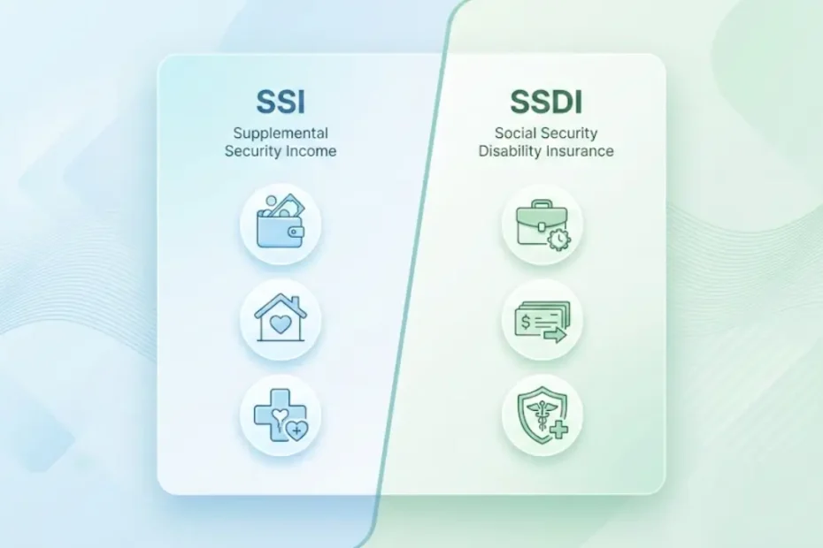 Comparison of SSI vs SSDI showing key differences in eligibility, income rules, and health coverage