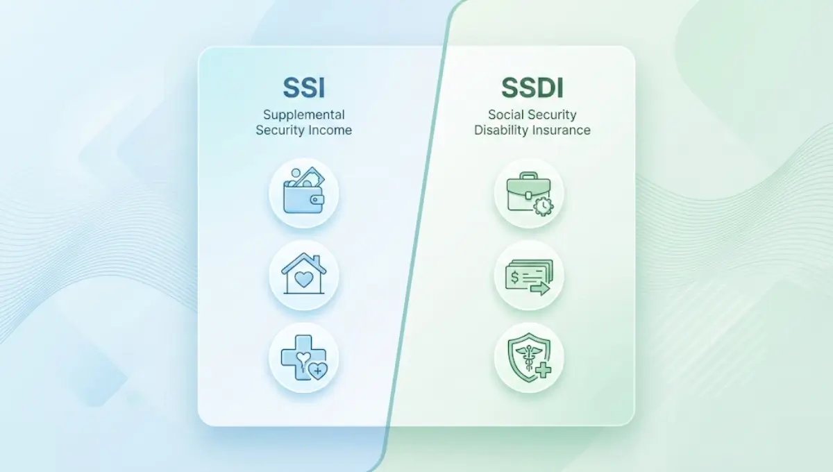 Comparison of SSI vs SSDI showing key differences in eligibility, income rules, and health coverage