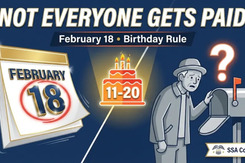 Social Security payment calendar showing February 18 deposit date with birthday requirement between 11th and 20th for SSA beneficiaries