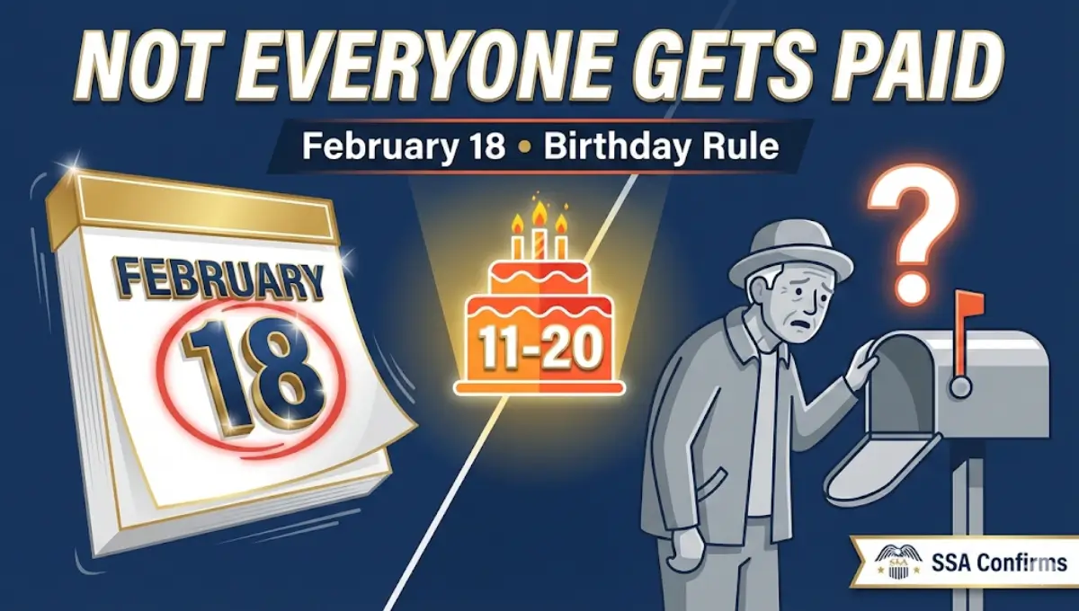 Social Security payment calendar showing February 18 deposit date with birthday requirement between 11th and 20th for SSA beneficiaries