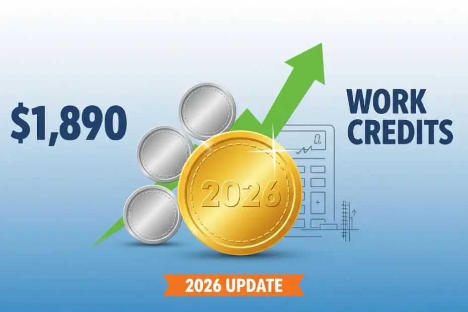 SSDI work credits 2026 earnings requirement showing $1,890 per credit with 4 coins representing annual maximum credits