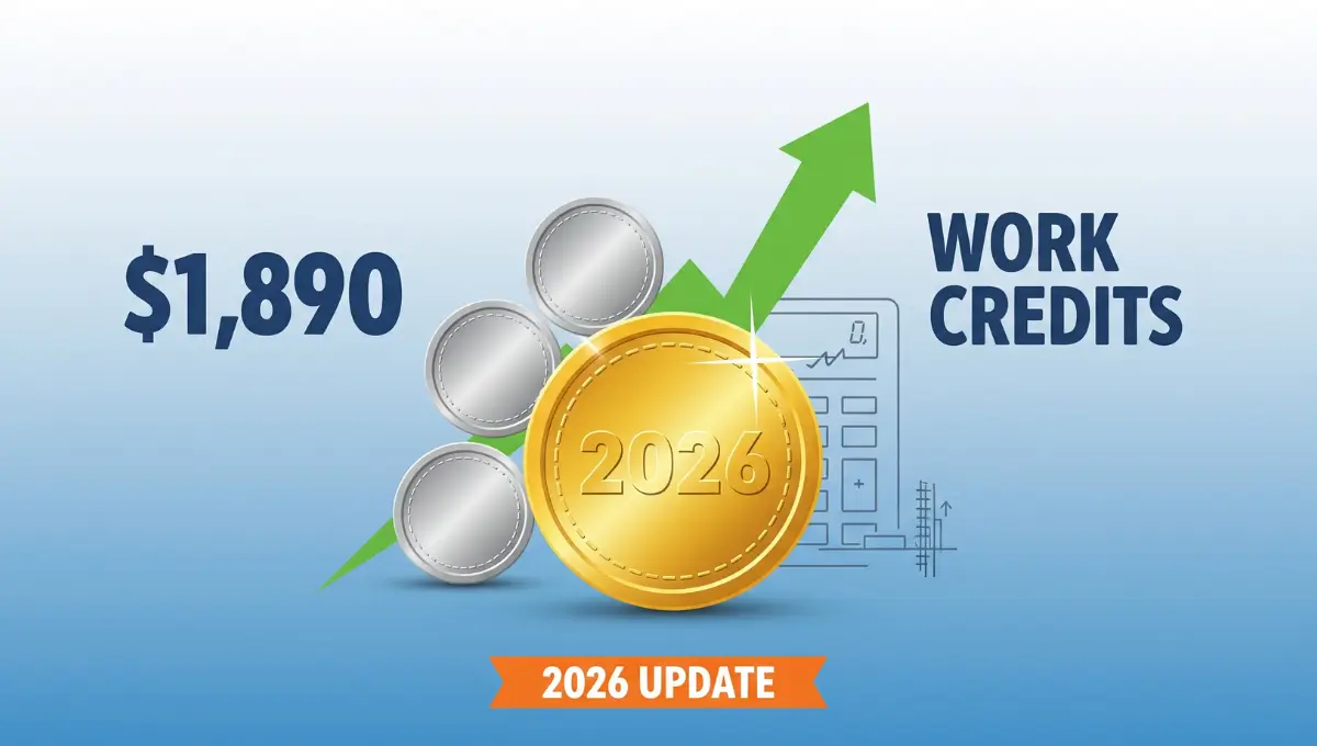 SSDI work credits 2026 earnings requirement showing $1,890 per credit with 4 coins representing annual maximum credits