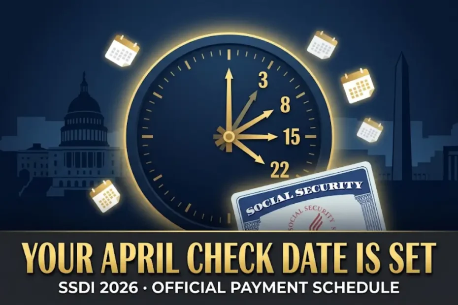 April 2026 SSDI payment dates schedule showing April 3, 8, 15, and 22 confirmed by Social Security Administration