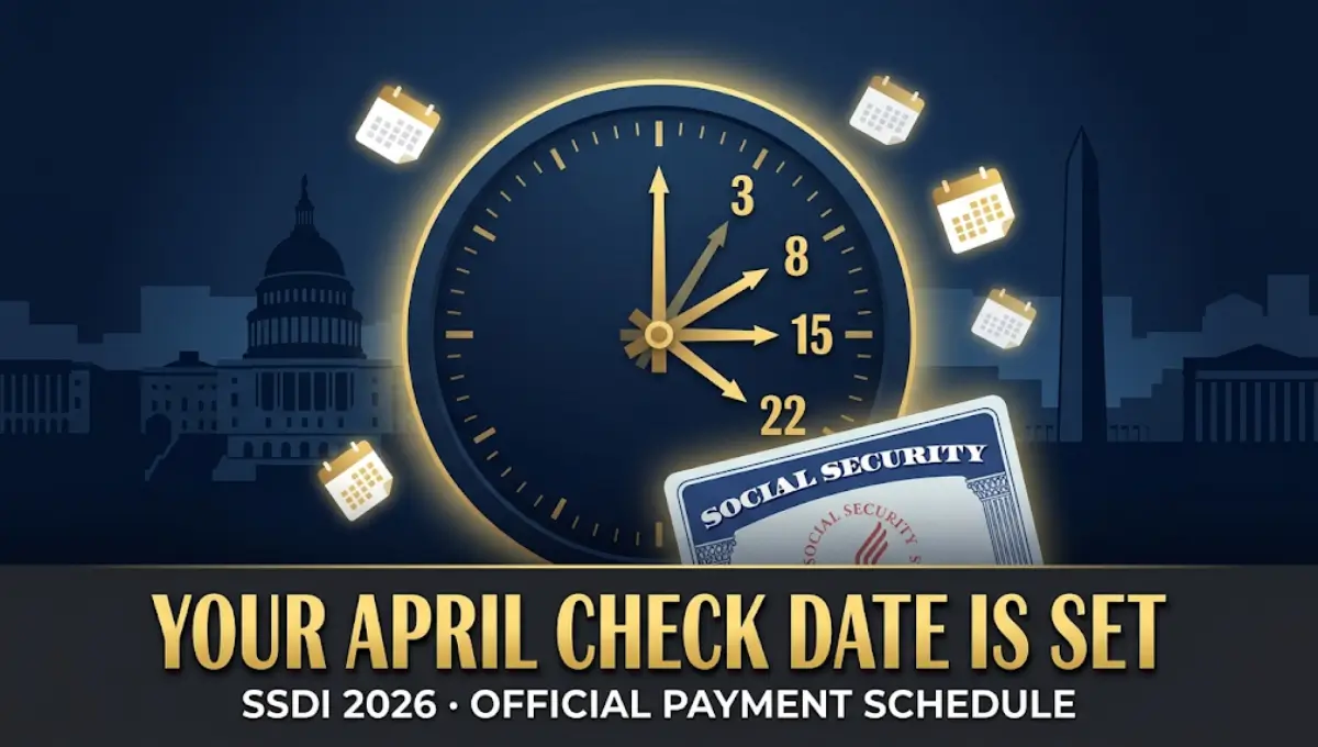 April 2026 SSDI payment dates schedule showing April 3, 8, 15, and 22 confirmed by Social Security Administration