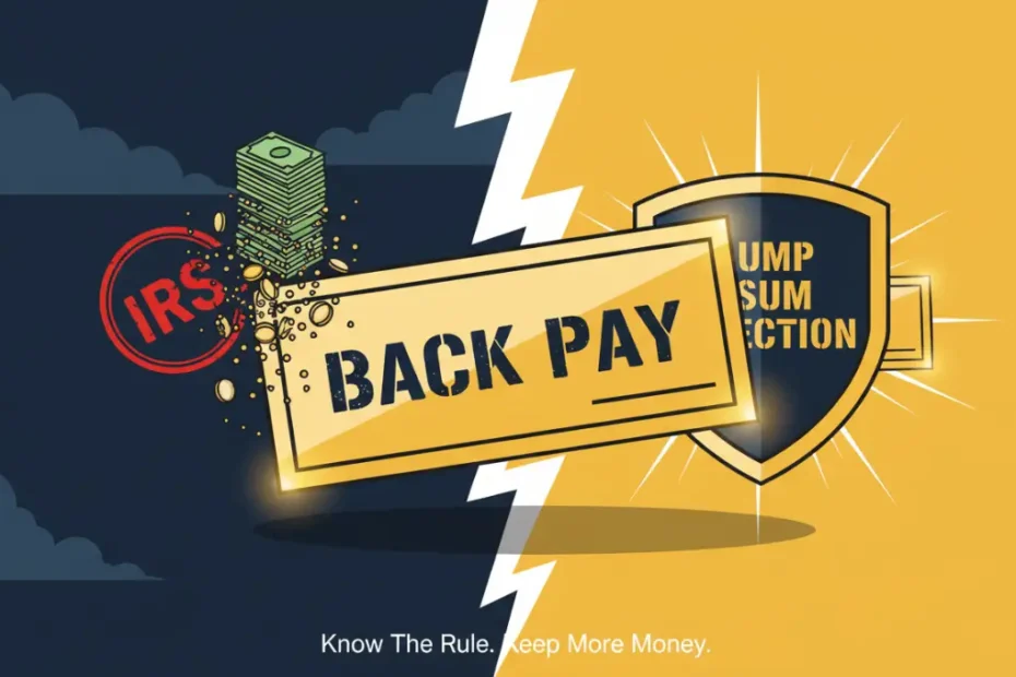 Vector graphic showing SSDI back pay check protected by Lump Sum Election Rule shield against IRS taxation in 2026