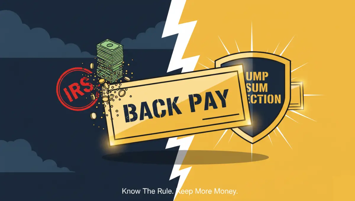 Vector graphic showing SSDI back pay check protected by Lump Sum Election Rule shield against IRS taxation in 2026