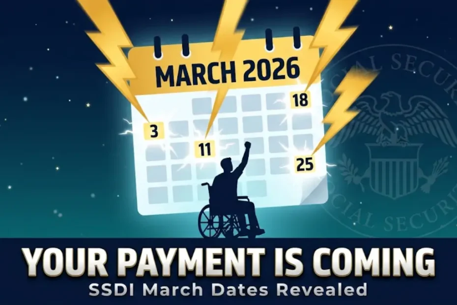 SSDI March 2026 payment dates calendar showing March 3, 11, 18, and 25 highlighted