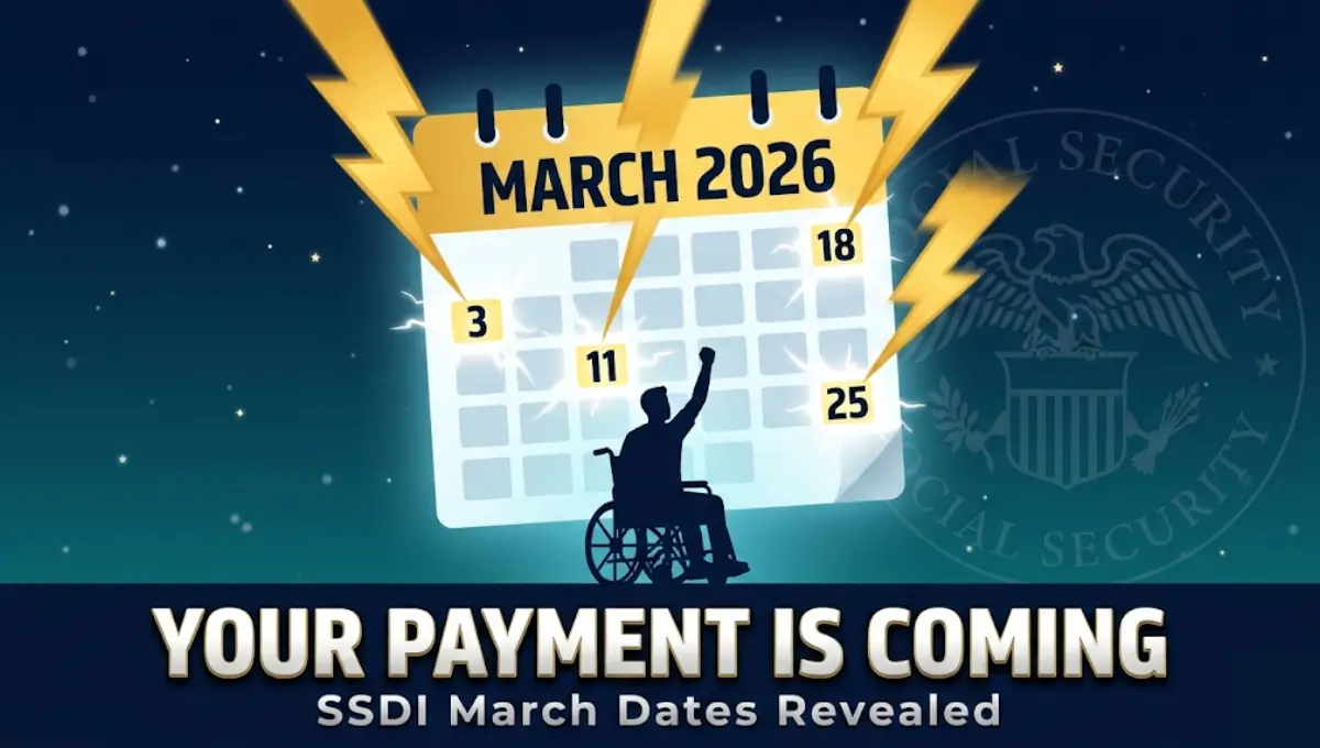 SSDI March 2026 payment dates calendar showing March 3, 11, 18, and 25 highlighted