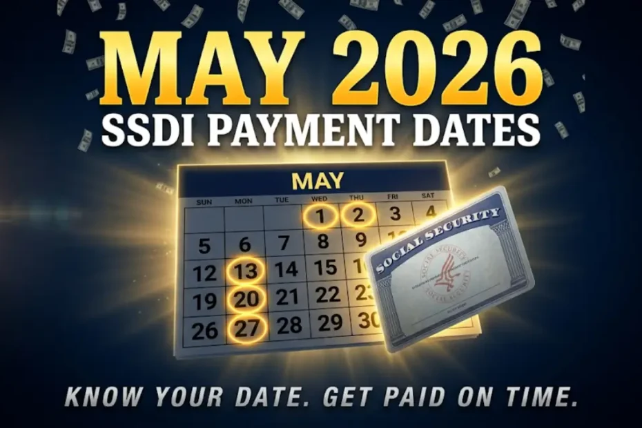 May 2026 SSDI payment dates calendar showing SSA direct deposit schedule by birth date